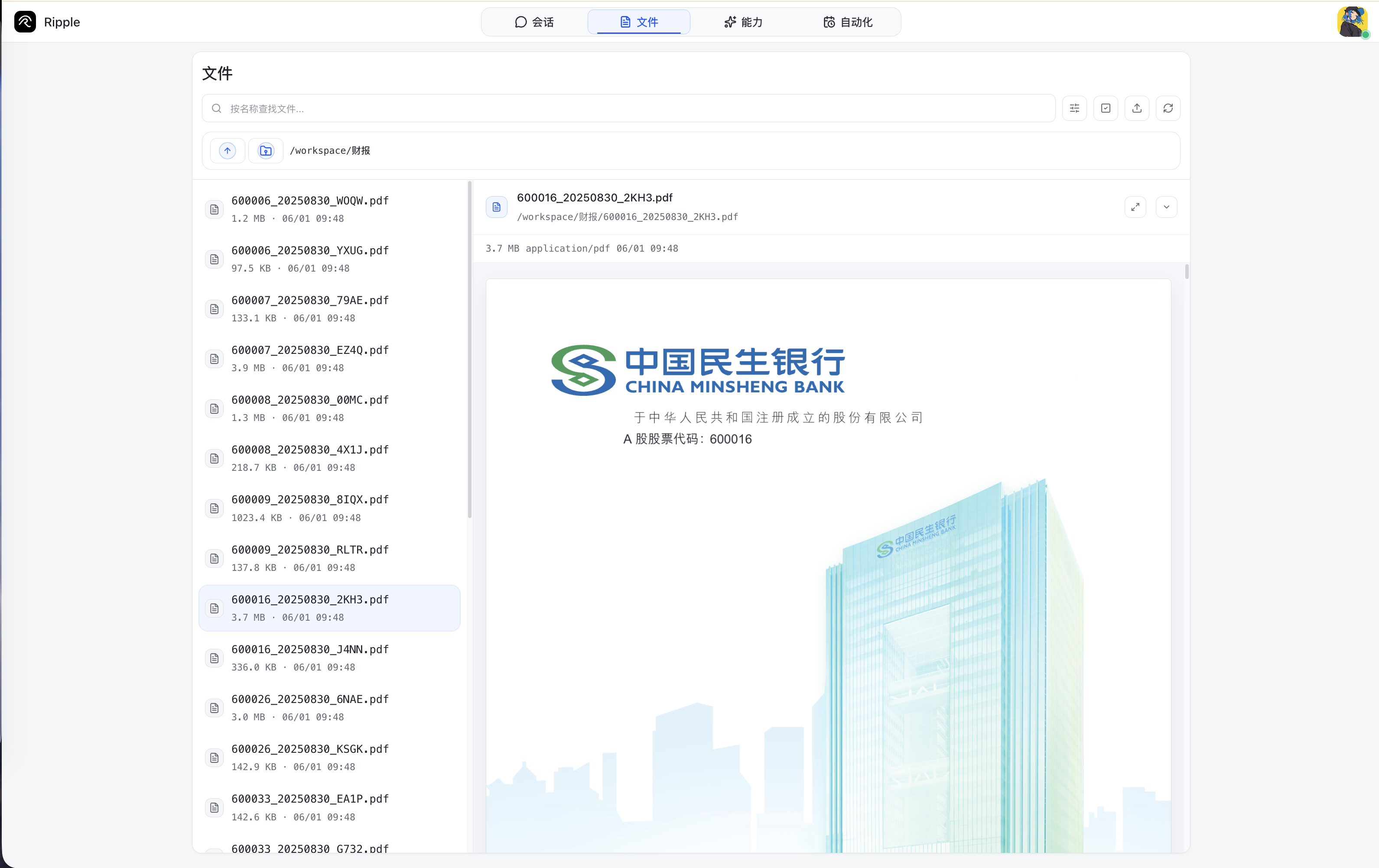 Ripple file workspace with preview